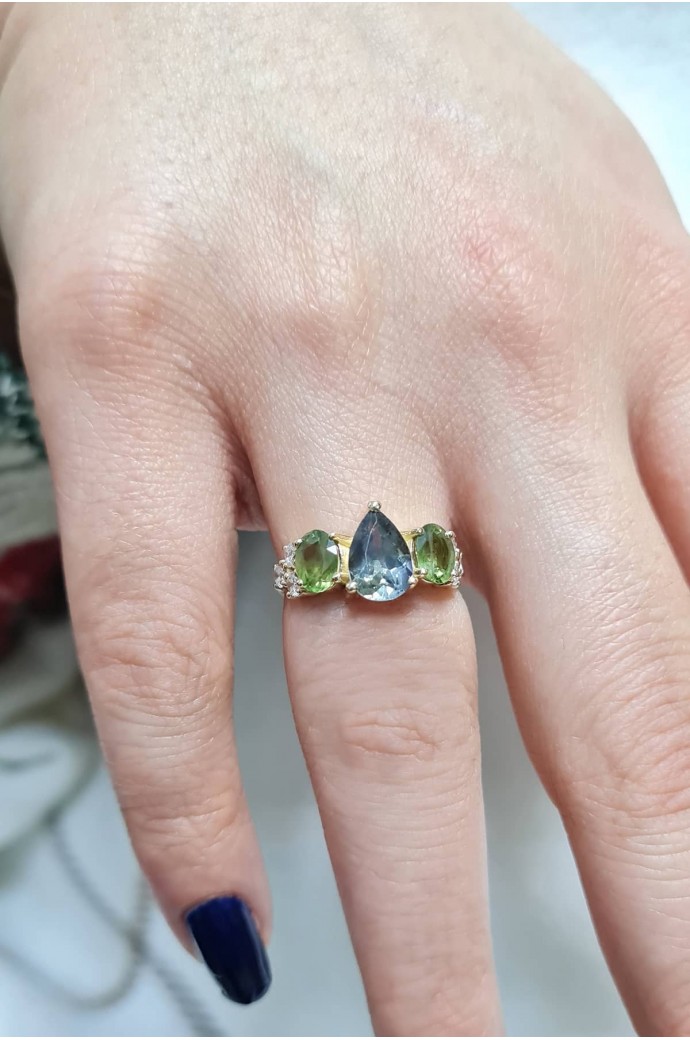 Safirli Pırlantalı Damla Yüzük 3,10 Karat