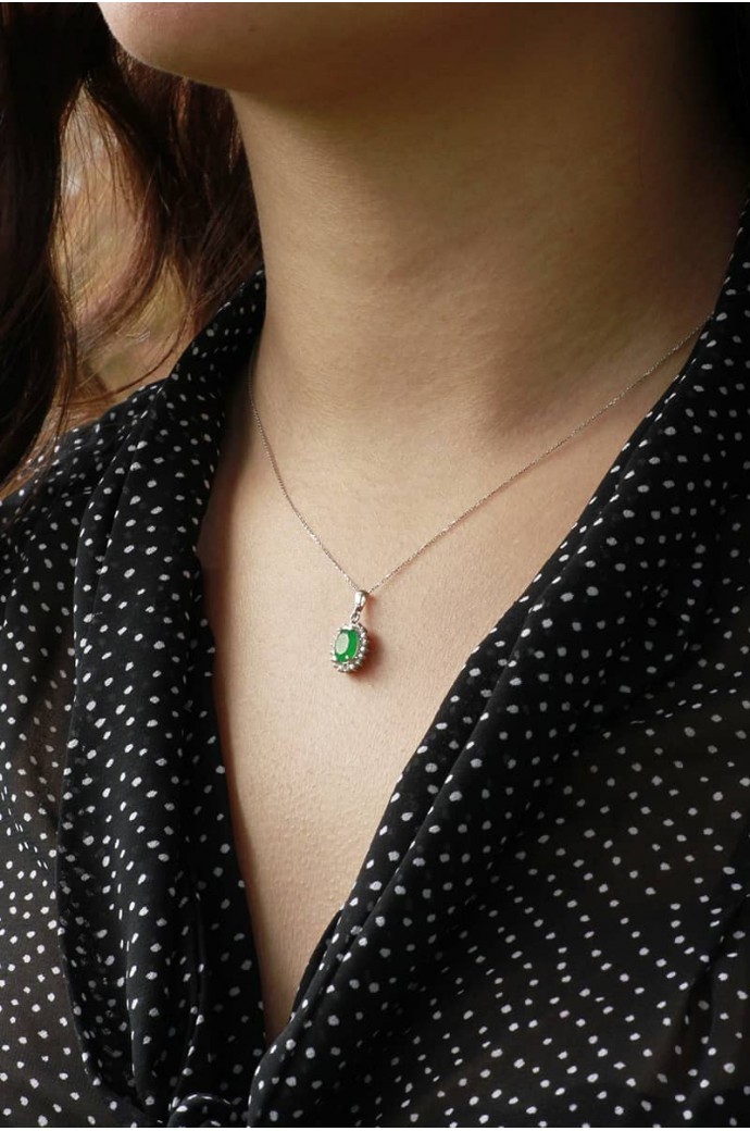 Yeşil Kuvars Taşlı Pırlantalı Kolye 0,76 Karat