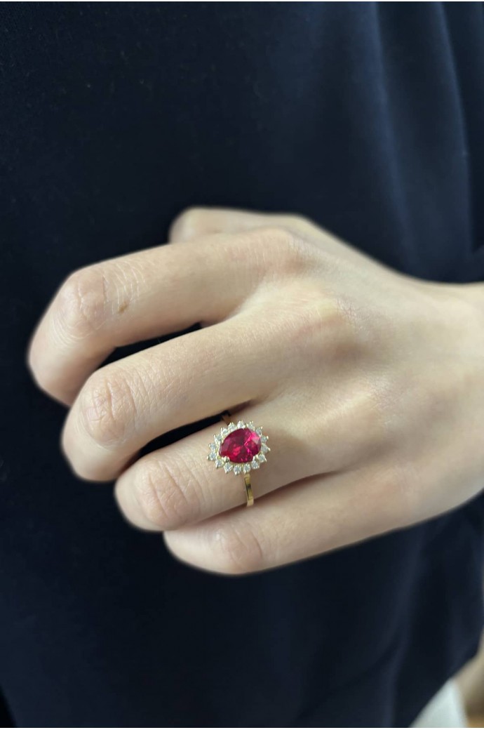 Kırmızı Taşlı Pırlanta Yüzük 0,20 Karat