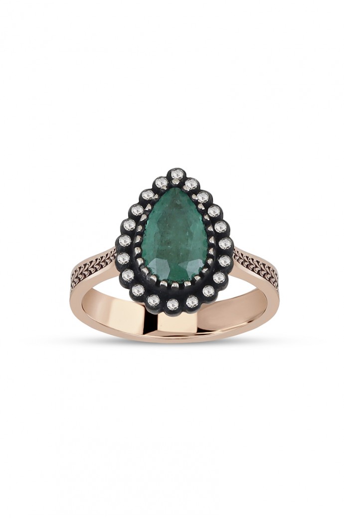 Zümrütlü Elmaslı Damla Yüzük 1,14 Karat